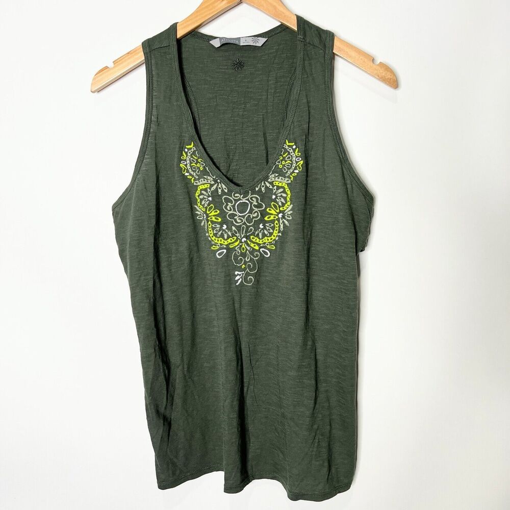 Athleta Tank Top Criss Cross Back Olive Green Embroidered Women's Size M